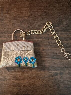 Gold Mini Purse Keychain with Blue Flower Accents